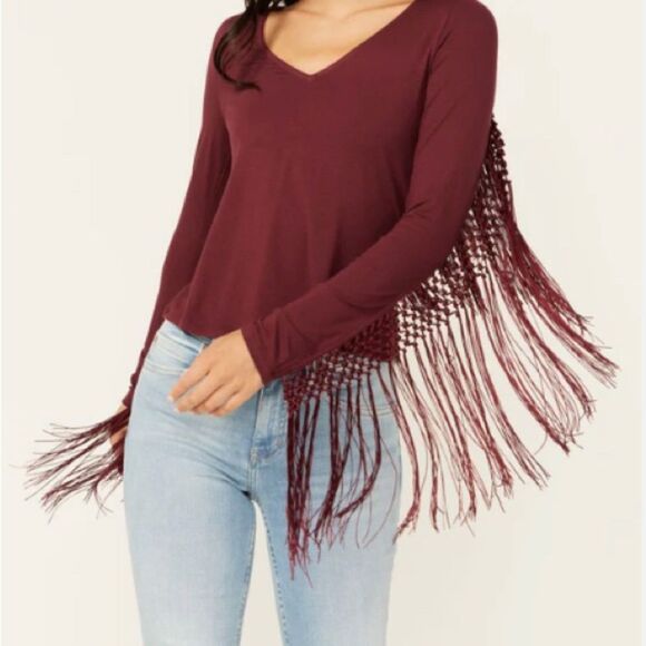 Hot & Delicious women’s wine colored fringed cowl neck top. - Picture 1 of 7